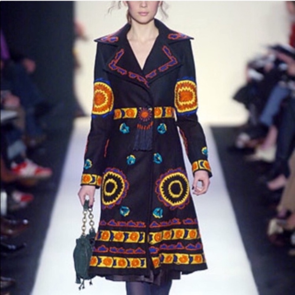 BCBGMaxAzria Floral Embroidered Retro Wool Blend Coat Black